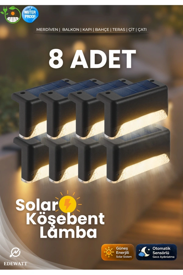 8 Adet L Solar Led Güneş Enerjili Su Geçirmez Köşebent Led Işık Merdiven Veranda Bahçe Aydınlatma