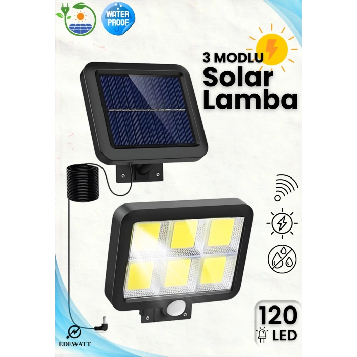 120 LED Ayrı Solar Panel Güneş Enerjili 3 Mod Duvar Lambası 5 METRE Kablolu Bahçe Aydınlatma