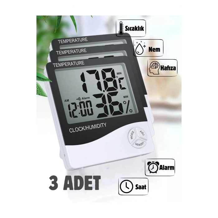 3 Adet Dijital Termometre Sıcaklık Ve Nem Ölçer Masa Saati Alarm