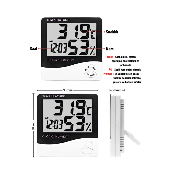 3 Adet Dijital Termometre Sıcaklık Ve Nem Ölçer Masa Saati Alarm