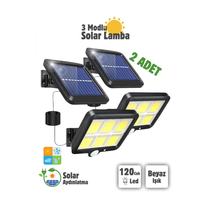 2 Adet 120 Cob Led Solar Panel Güneş Enerjili 3 Mod Duvar Lambası Bahçe