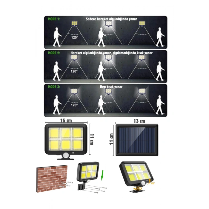 2 Adet 120 Cob Led Solar Panel Güneş Enerjili 3 Mod Duvar Lambası Bahçe