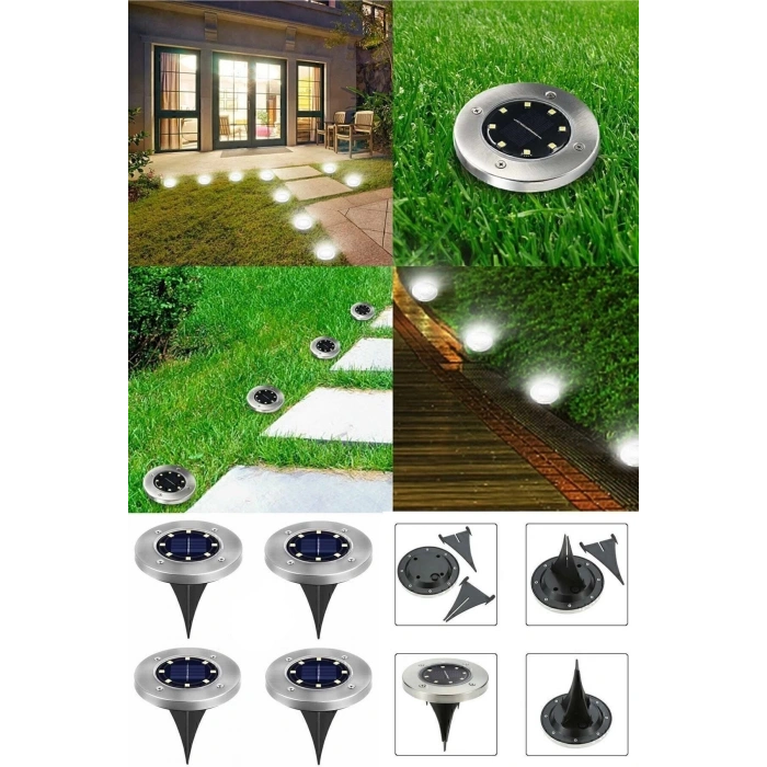 Solar Güneş Enerjili 8 Ledli Kazıklı Zemin Bahçe Aydınlatması Gün Işığı4 Lü Set Yere Saplamal