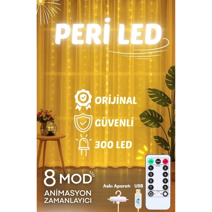 Perde Led 3mx3m Kumandalı 8 Fonksıyonlu 300 Ledli 10 Sarkıtlı Peri Ledi Usb Girişli