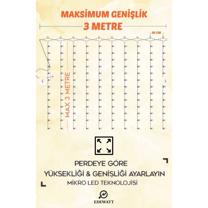 Perde Led 3mx3m Kumandalı 8 Fonksıyonlu 300 Ledli 10 Sarkıtlı Peri Ledi Usb Girişli