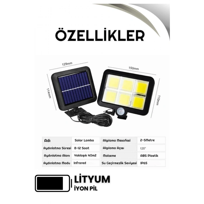 120 LED Ayrı Solar Panel Güneş Enerjili 3 Mod Duvar Lambası 5 METRE Kablolu Bahçe Aydınlatma