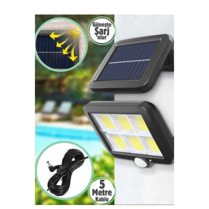 120 LED Ayrı Solar Panel Güneş Enerjili 3 Mod Duvar Lambası 5 METRE Kablolu Bahçe Aydınlatma