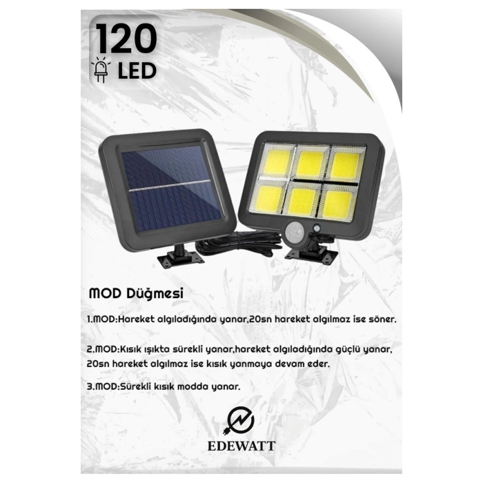 120 LED Ayrı Solar Panel Güneş Enerjili 3 Mod Duvar Lambası 5 METRE Kablolu Bahçe Aydınlatma