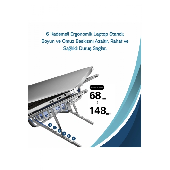 Alüminyum Katlanır Fanlı 6 Kademeli Laptop Macbook Uyumlu Notebook Yükseltici Tutucu Stand