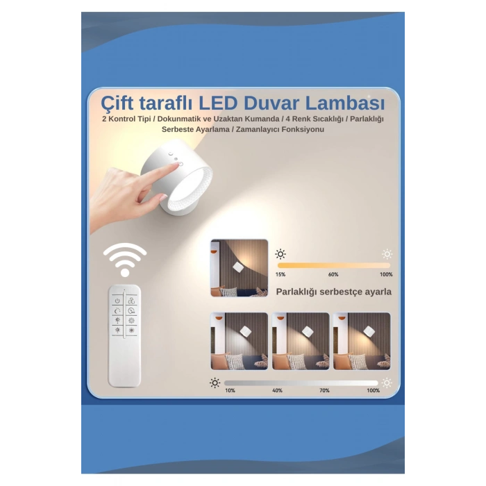 Mıknatıslı Uzaktan Kumandalı Çift Taraflı Duvar Aplik LED Aydınlatma 3 Renk USB Şarjlı