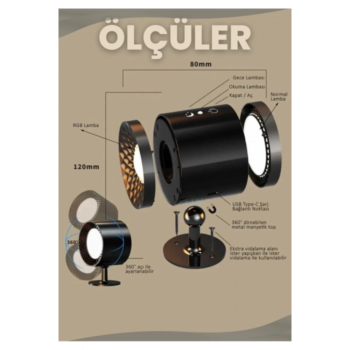 Mıknatıslı Uzaktan Kumandalı Çift Taraflı Duvar Aplik LED Aydınlatma 3 Renk USB Şarjlı