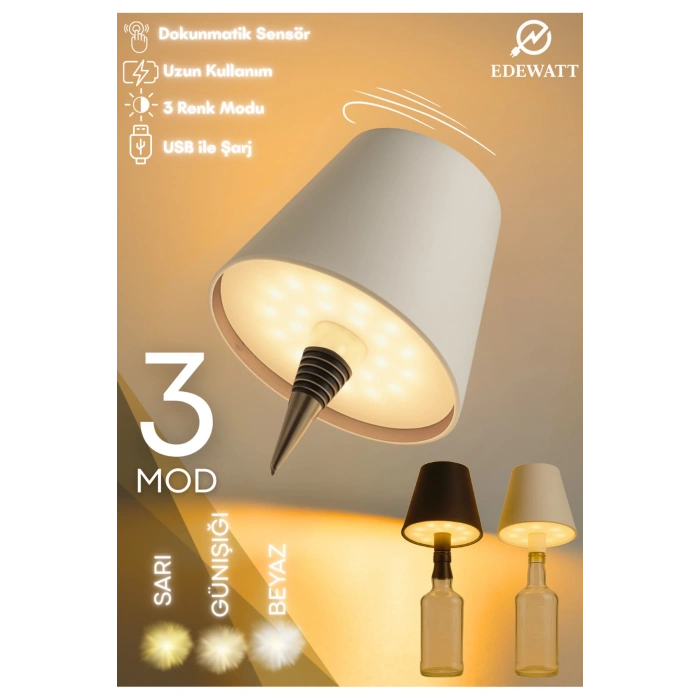 Kablosuz Şişe Lambası - Şarjlı Abajur Masa Işığı Dokunmatik Şişe İçin LED BEYAZ