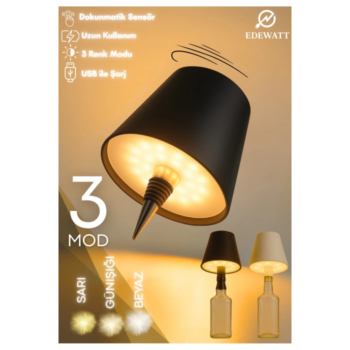 Kablosuz Şişe Lambası - Şarjlı Abajur Masa Işığı Dokunmatik Şişe İçin LED SİYAH Parlaklık