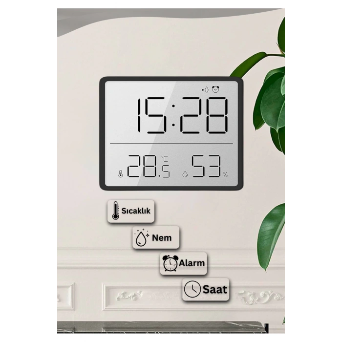 Dijital Duvar Saati Termometre Sıcaklık Ve Nem Ölçer Masa Saati Alarm LCD Ekran Duvara Takılır BEYAZ