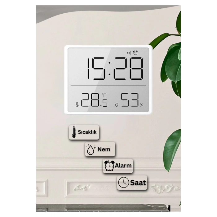 Dijital Duvar Saati Termometre Sıcaklık Ve Nem Ölçer Masa Saati Alarm LCD Ekran Duvara Takılır BEYAZ