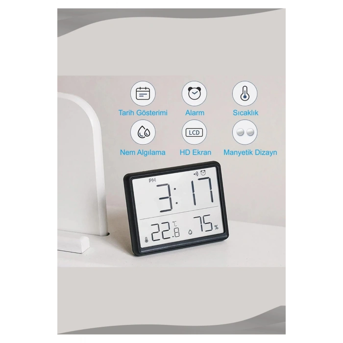 Dijital Duvar Saati Termometre Sıcaklık Ve Nem Ölçer Masa Saati Alarm LCD Ekran Duvara Takılır BEYAZ