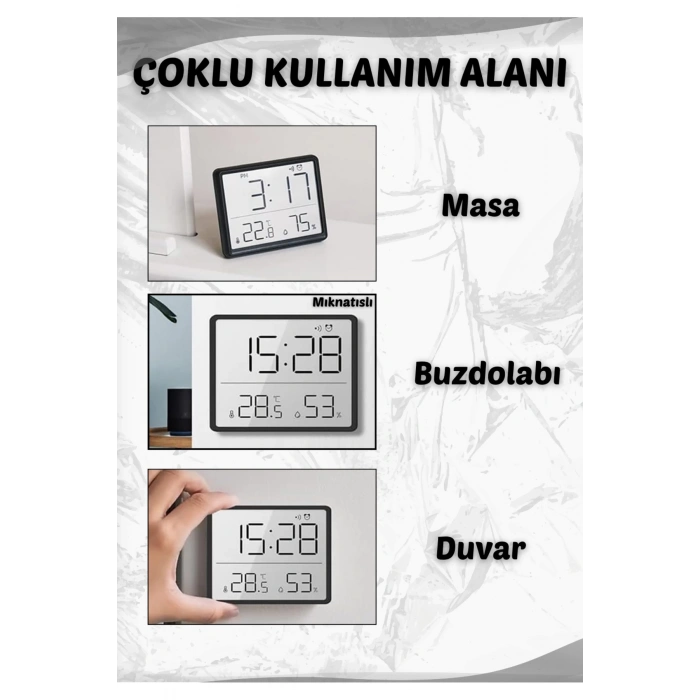 Dijital Duvar Saati Termometre Sıcaklık Ve Nem Ölçer Masa Saati Alarm LCD Ekran Duvara Takılır BEYAZ
