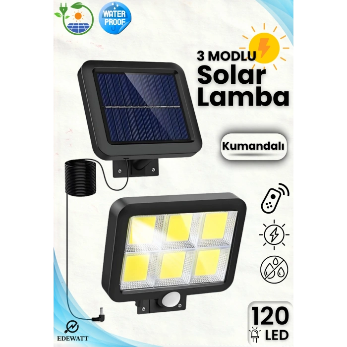 120 LED Ayrı Solar Panel Güneş Enerjili 3 Mod Duvar Lambası 5 METRE Kablolu Bahçe Aydınlatma