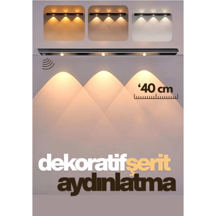 Sensörlü Şarjlı Dekoratif Gece Lambası Mutfak Geçmeli 3 Farklı Işık Renkgi 40cm ŞERİT LED