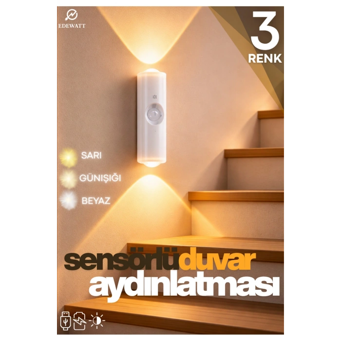 Hareket Sensörlü Usb Şarj Edilebilir Çift Taraflı Üç Renk Led Gece Lambası Dolap İçi Koridor