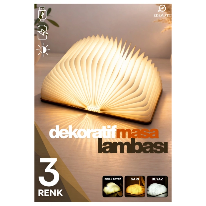 Kitap Şeklinde Masa Lambası 3 Renk Usb Şarj Edilebilir