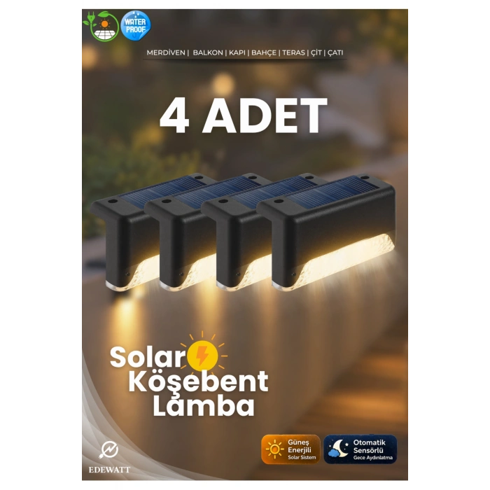4 Adet L Solar Led Güneş Enerjili Su Geçirmez Köşebent Led Işık Merdiven Veranda Bahçe Aydınlatma