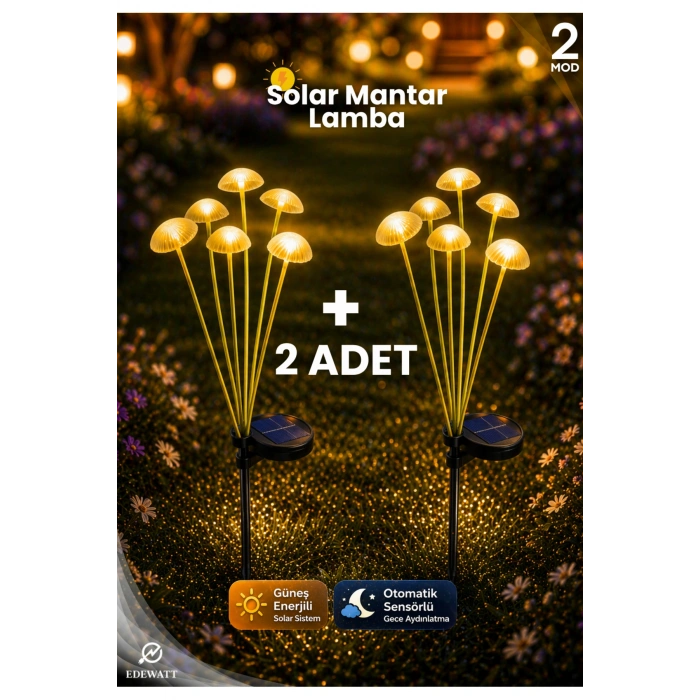 2 ADET Dekoratif Mantar Görünümlü 6lı SOLAR LED Lamba Güneş Enerjilli Su Geçirmez Bahçe Aydınlatma