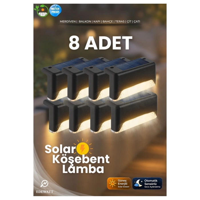 8 Adet L Solar Led Güneş Enerjili Su Geçirmez Köşebent Led Işık Merdiven Veranda Bahçe Aydınlatma