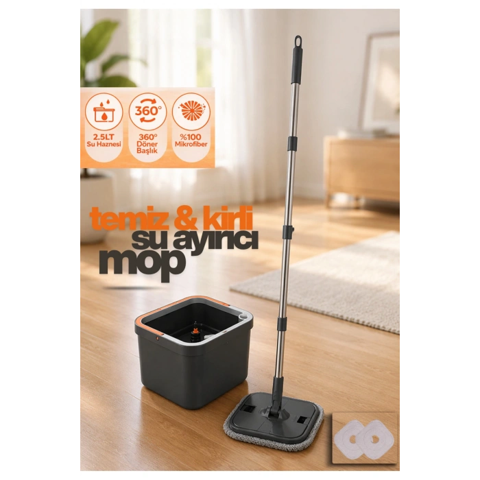 Temiz ve Kirli Suyu Ayıran Mop Seti – 360 Derece Döner Mikrofiber Mop Başlığı, Paspas Seti Otomatik