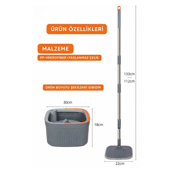Temiz ve Kirli Suyu Ayıran Mop Seti – 360 Derece Döner Mikrofiber Mop Başlığı, Paspas Seti Otomatik