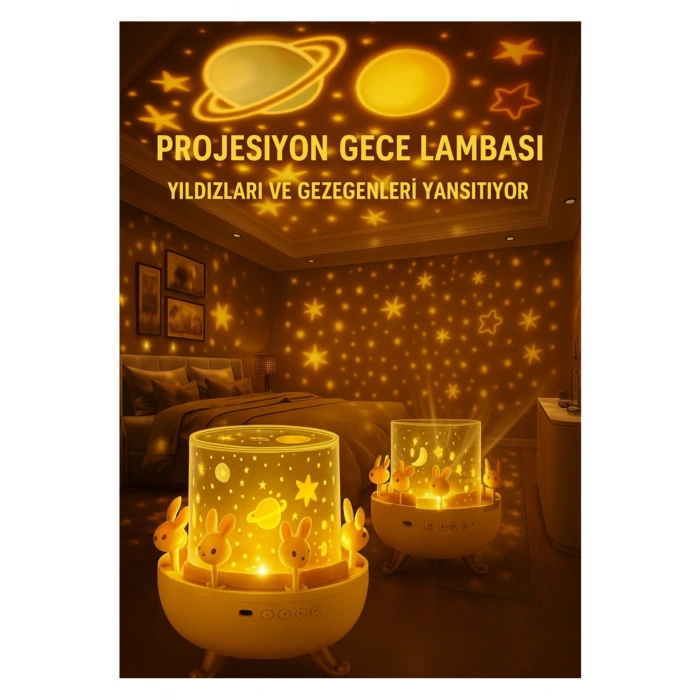 Döner Projeksiyon Gece Lambası Bluetooth Hoparlörlü Çocuk Gece Işığı Projektör 5 Farklı Yansıtma