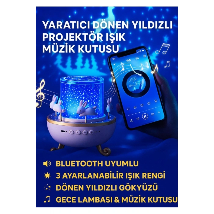 Döner Projeksiyon Gece Lambası Bluetooth Hoparlörlü Çocuk Gece Işığı Projektör 5 Farklı Yansıtma