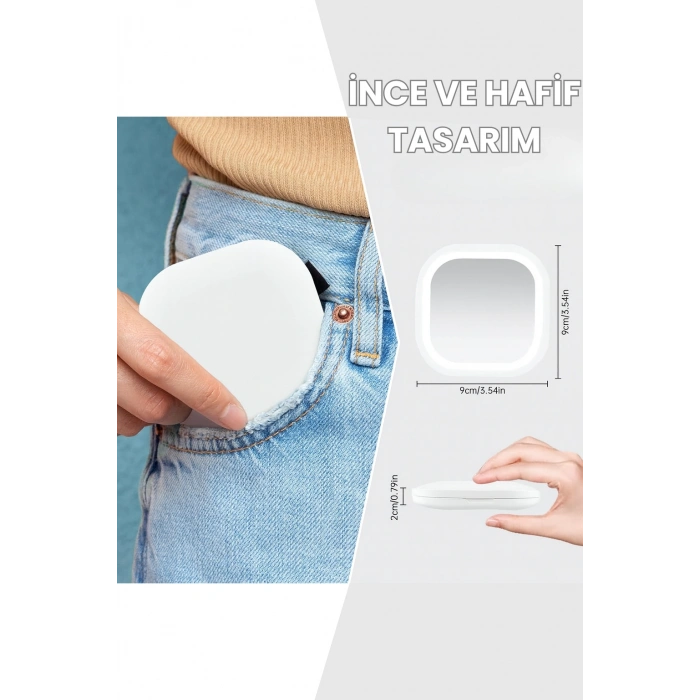 Işıklı Büyüteçli Cep Aynası, Makyaj USB Şarjlı Katlanır Dokunmatik LED Seyahat El Makyaj Aynası BEYAZ