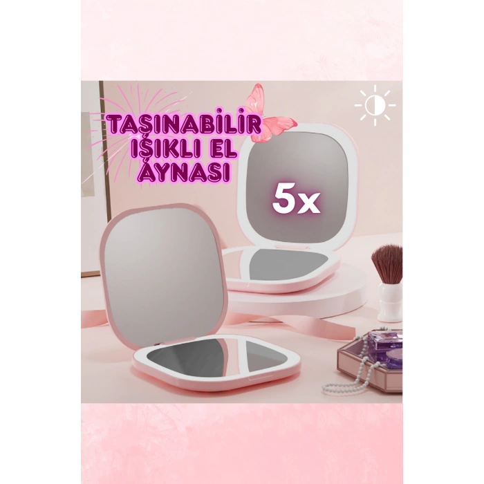 Işıklı Büyüteçli Cep Aynası, Makyaj USB Şarjlı Katlanır Dokunmatik LED Seyahat El Makyaj Aynası BEYAZ