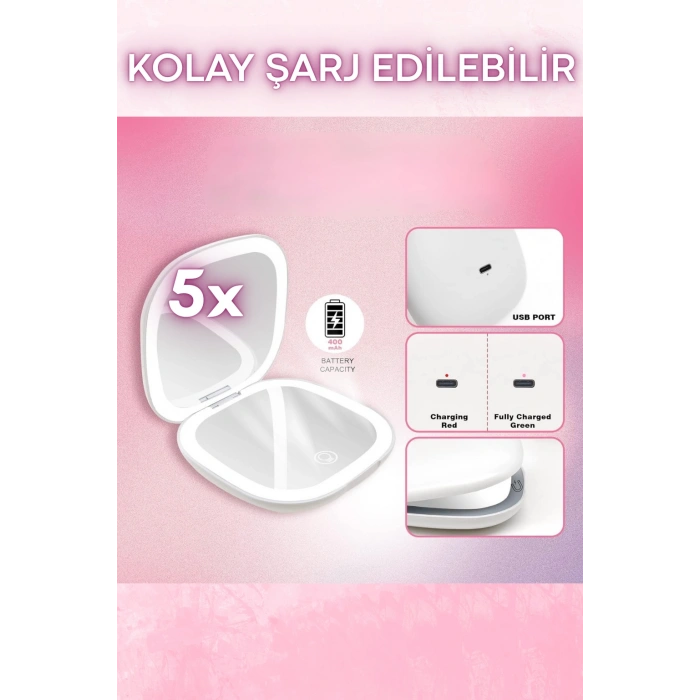 Işıklı Büyüteçli Cep Aynası, Makyaj USB Şarjlı Katlanır Dokunmatik LED Seyahat El Makyaj Aynası BEYAZ