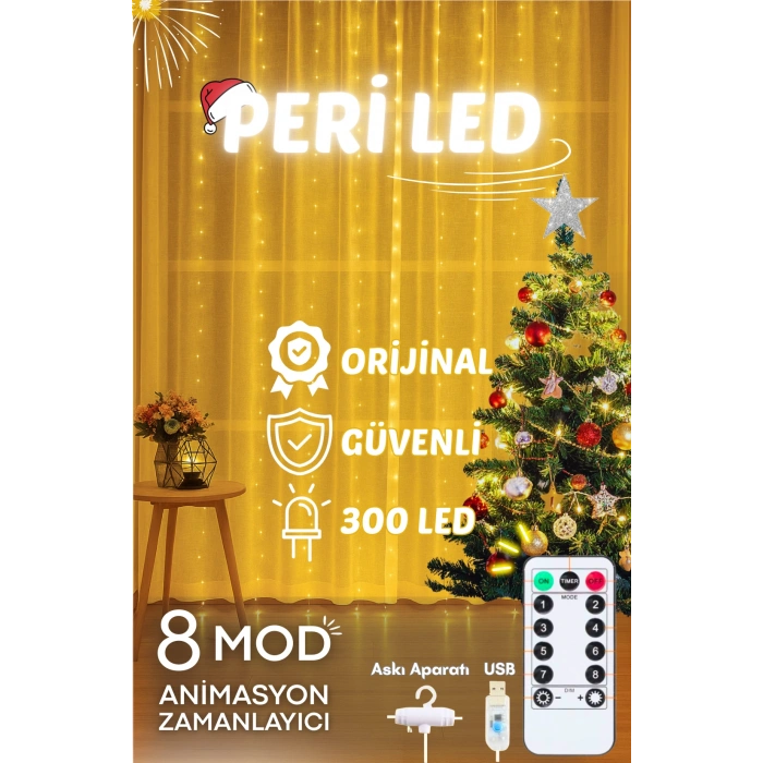 Perde Led 3mx3m Kumandalı 8 Fonksıyonlu 300 Ledli 10 Sarkıtlı Peri Ledi Usb Girişli