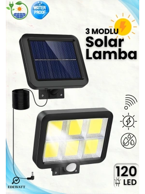 120 LED Ayrı Solar Panel Güneş Enerjili 3 Mod Duvar Lambası 5 METRE Kablolu Bahçe Aydınlatma