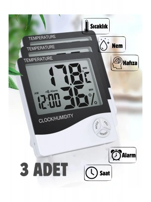3 Adet Dijital Termometre Sıcaklık Ve Nem Ölçer Masa Saati Alarm