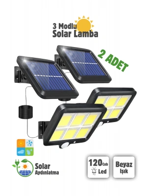 2 Adet 120 Cob Led Solar Panel Güneş Enerjili 3 Mod Duvar Lambası Bahçe