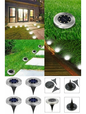 Solar Güneş Enerjili 8 Ledli Kazıklı Zemin Bahçe Aydınlatması Gün Işığı4 Lü Set Yere Saplamal