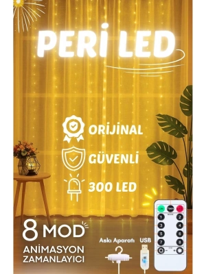 Perde Led 3mx3m Kumandalı 8 Fonksıyonlu 300 Ledli 10 Sarkıtlı Peri Ledi Usb Girişli