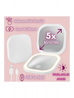 Işıklı Büyüteçli Cep Aynası, Makyaj USB Şarjlı Katlanır Dokunmatik LED Seyahat El Makyaj Aynası