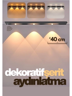 Sensörlü Şarjlı Dekoratif Gece Lambası Mutfak Geçmeli 3 Farklı Işık Renkgi 40cm ŞERİT LED