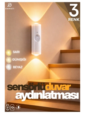 Hareket Sensörlü Usb Şarj Edilebilir Çift Taraflı Üç Renk Led Gece Lambası Dolap İçi Koridor