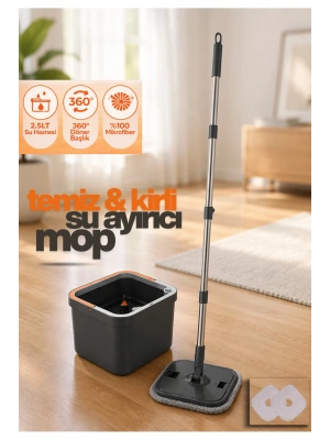 Temiz ve Kirli Suyu Ayıran Mop Seti – 360 Derece Döner Mikrofiber Mop Başlığı, Paspas Seti Otomatik