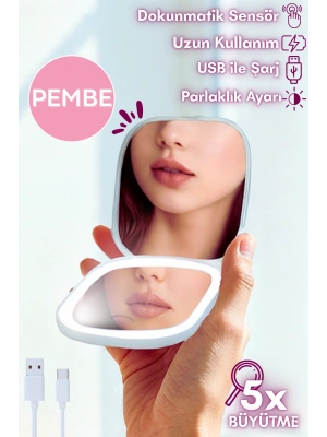 Işıklı Büyüteçli Cep Aynası, Makyaj USB Şarjlı Katlanır Dokunmatik LED Seyahat El Aynası PEMBE