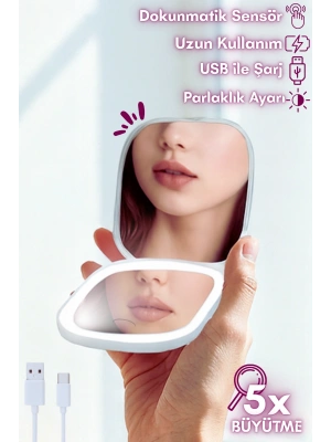 Işıklı Büyüteçli Cep Aynası, Makyaj USB Şarjlı Katlanır Dokunmatik LED Seyahat El Aynası PEMBE