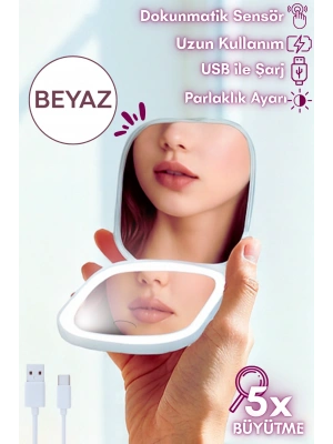 Işıklı Büyüteçli Cep Aynası, Makyaj USB Şarjlı Katlanır Dokunmatik LED Seyahat El Makyaj Aynası BEYAZ