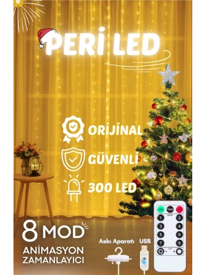 Perde Led 3mx3m Kumandalı 8 Fonksıyonlu 300 Ledli 10 Sarkıtlı Peri Ledi Usb Girişli
