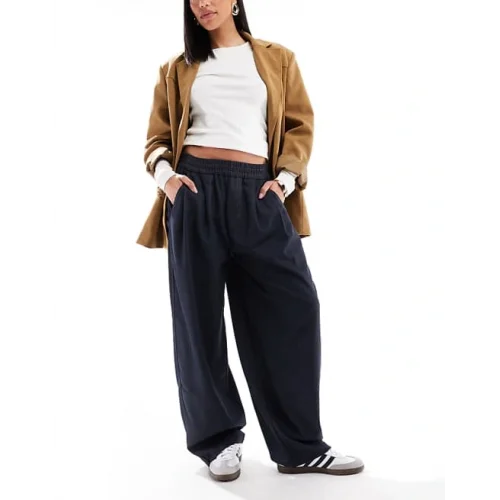 BRSHKA Yüksek Bel Denim Görünümlü Lacivert Palozzo Varil Paça Özel Dikim Pantolon